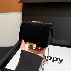 Women Vintage Velvet Small Square Bag Vertical Quilted Design Gold Chain Strap Crossbody Shoulder Bag For Daily Party