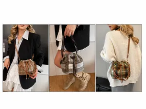 Detalle de bolsos tipo cubo de tweed a cuadros en opciones marrón, gris y verde