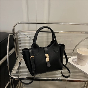 Women Minimalist PU Leather Bucket Bag Commute Handbag With Gold Rotating Lock Single Shoulder Crossbody Bag Fashion Accessory