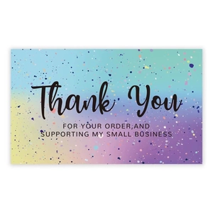 Holographic gradient Thank You card with colorful ink splashes for gift packaging