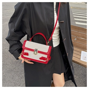 Detail of color-block canvas handbag with red leather trim and gold-tone hardware lock