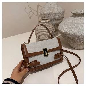 Detail of canvas shoulder bag with brown leather trim and golden lock buckle closure