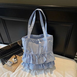 Blue and white plaid tote bag with tiered ruffles and drawstring closure for women