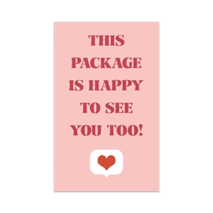 Pink thank you card for gift packaging with heart icon and friendly greeting text