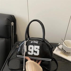 Retro Los Angeles 95 printed black crescent handbag with silver chain and shoulder strap