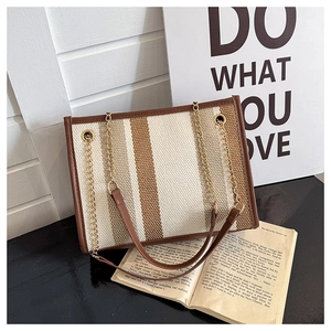 Detail of striped tote bag featuring brown leather trim and golden metal chain link strap
