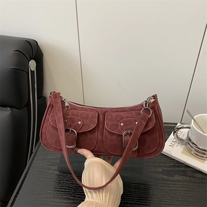 Vintage burgundy faux suede baguette shoulder bag with double pockets and silver buckles