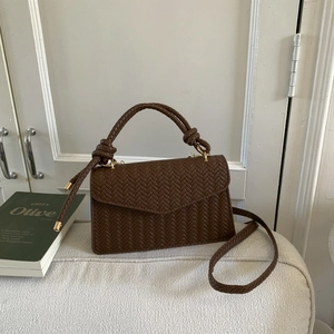 Women Woven Pattern PU Leather Shoulder Bag Retro Minimalist Square Handbag Crossbody Bag With Knot Handle Adjustable Strap