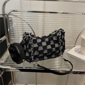 Checkered tweed shoulder bag with fringe detail and silver chain strap for women
