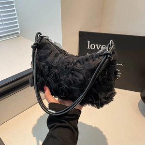 Fashionable black 3D rose flower handbag with ruffle lace texture and top handle