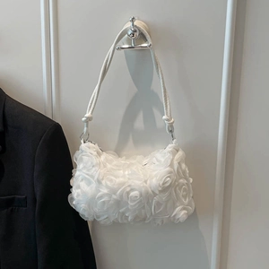 Elegant white shoulder bag with 3D rose floral texture and decorative rope strap