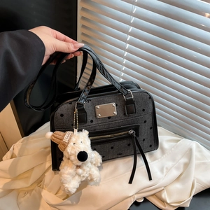 Stylish grey polka dot tweed shoulder bag with bear charm for women's daily commute