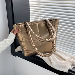 Women Large Capacity Puffer Tote Bag Metallic Quilted PU Leather Shoulder Bag Modern Fashion Office Daily Travel Handbag