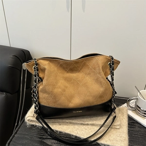 Quilted brown suede and black leather chain tote bag with high-capacity interior
