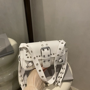 Women Fashion Punk Rivet Shoulder Bag PU Leather Y2K Underarm Bag With Eyelet Wide Strap Motorcycle Style Cool Girl Small Purse