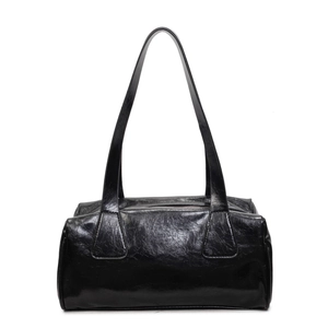 Minimalist black crinkled patent leather baguette tote bag with double shoulder straps