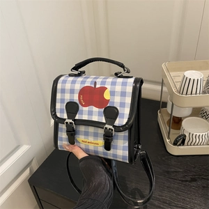Women Plaid Apple Print Crossbody Bag PU Leather Mini Backpack Preppy Style Handbag Shoulder Bag Casual Daily Travel Satchel