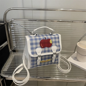 Blue and white plaid mini backpack with red apple print and top handle for women