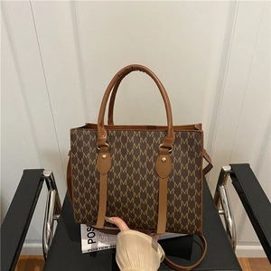 Vintage monogram tote bag with brown letter print and large capacity for women