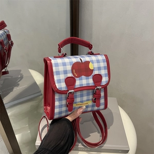 Chic blue plaid crossbody bag with red apple motif and leather trim for autumn fashion