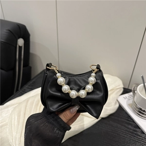 Women Sweet Mini Bow Handbag With Faux Artificial Pearl Handle PU Leather Elegant Shoulder Bag Small Square Coin Purse For Wedding Party