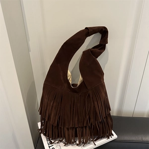 Retro dark brown fringe tote bag with twisted handle and bohemian tassels for women