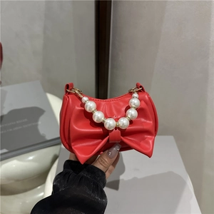 Chic red bow handbag with pearl handle, trendy mini shoulder bag for women style