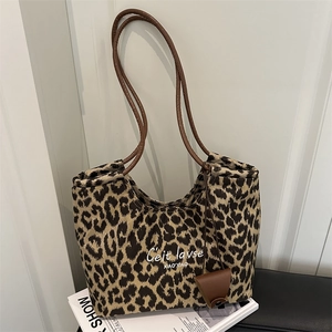 Borsa Tote in Camoscio con Stampa Leopardata Grande Capacità Donna Borsa a Tracolla in Camoscio con Lettere Retrò Casual Autunno Inverno