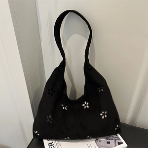Women Large Capacity Faux Suede Hollow Out Floral Shoulder Bag Vintage Fashion Underarm Tote Bag For Daily Commuting