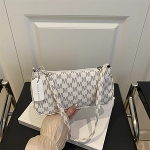 Vintage Women PU Leather Underarm Bag Fashion M Letter Print Small Square Shoulder Bag Retro Minimalist Zipper Baguette Bag