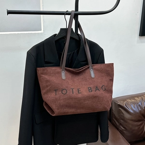 Brown suede tote bag with embossed TOTE BAG text for women daily commuting