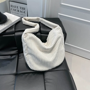 Chic white corduroy crescent shoulder bag for women with minimalist soft texture