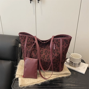 Vintage burgundy leopard print large tote bag with matching small coin pouch for women