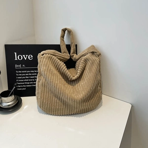 Large camel corduroy tote bag for women, stylish minimalist vintage shoulder bag design