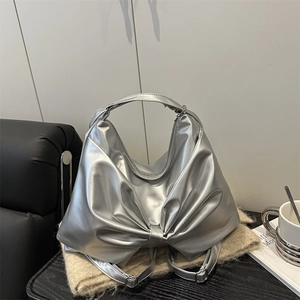 Women Large Bow Shoulder Bag PU Leather Pleated Tote Underarm Bag Minimalist Metallic Fashion Handbag For Daily Travel Work