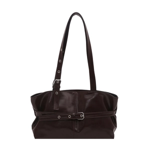 Minimalist large brown tote bag with vintage buckle and polished leather texture