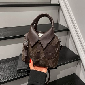 Minimalist shirt-style handbag in dark coffee textured leather with shoulder strap