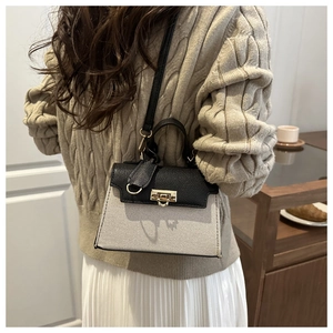 Detail of a two-tone canvas and leather crossbody bag featuring a golden twist lock closure