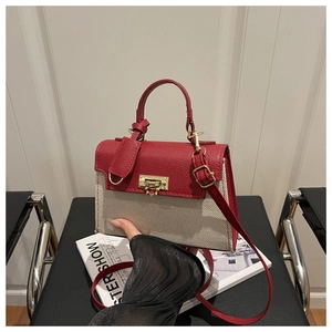 Detail of red and beige contrasting handbag with golden twist lock on a black seat