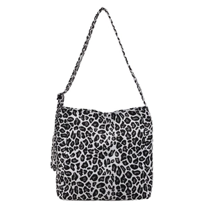Large capacity black and white leopard print canvas tote bag with long shoulder straps