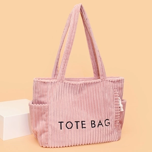 Sac Cabas en Velours Côtelé de Grande Capacité pour Femmes Sac à Épaule Décontracté Avec Broderie de Lettres Fermeture Éclair