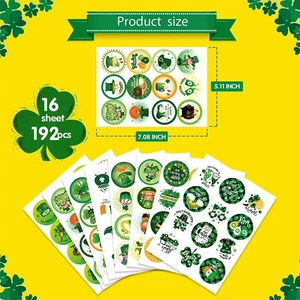 192 Pcs St. Patrick's Day clover stickers, 16 sheets set with lucky shamrock designs