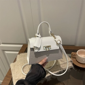 Chic women's crossbody flap bag with beige woven texture and white leather patchwork