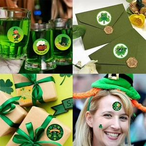 St. Patrick's Day round stickers with leprechauns and shamrocks on gifts and glass