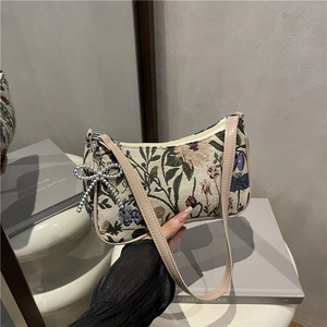 Vintage Floral Jacquard Underarm Bag For Women Retro Embroidery Shoulder Bag With Butterfly Charm Elegant Fashion Handbag