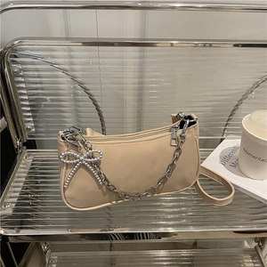 Women's Matte Faux Suede Shoulder Bag With Silver Chain Rhinestone Bow Charm Underarm Handbag For Daily Commuting Office Dating