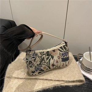Vintage floral embroidery handbag with leather strap and silver bow bead charm detail