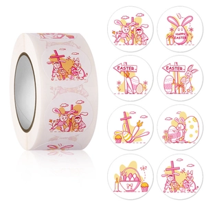Détail du rouleau d'autocollants Joyeuses Pâques avec lapins et œufs sur fond blanc