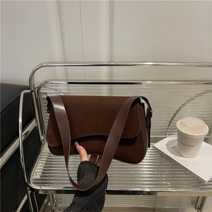 Dark brown suede baguette bag for women, minimalist underarm shoulder bag for commuting