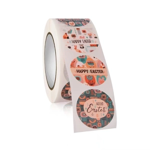Rouleau d'autocollants ronds Joyeuses Pâques avec lapins et œufs colorés sur fond blanc